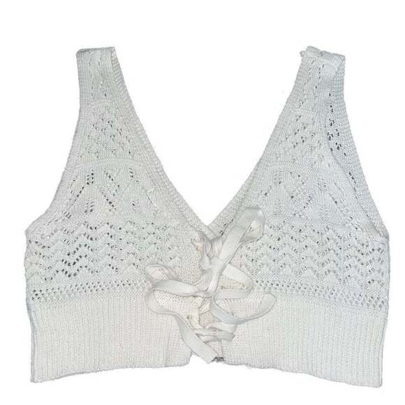 Unbranded Tops - White Crochet Knit Lace-Up Crop Top, V-Neck